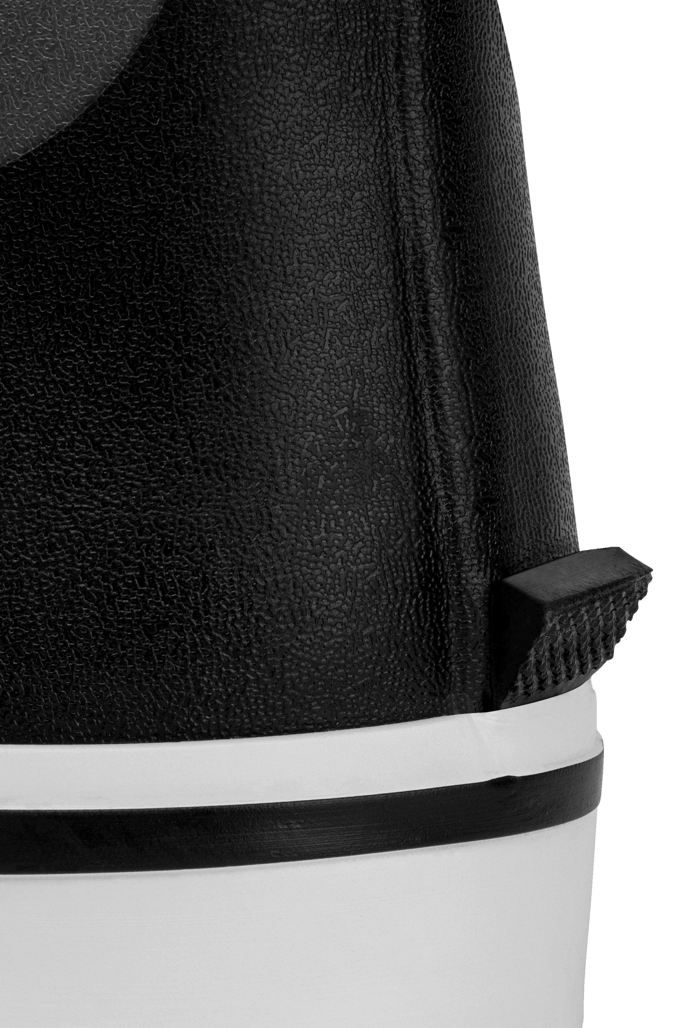 Close-up of heel pull tab on Trudave Ocean Breeze Series men’s black ankle waterproof rubber deck boots showing easy-on design and durable waterproof construction for fishing use